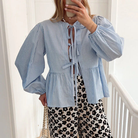 Sonicelife Women's Kawaii Elegant Flare Shirt Puff Long Sleeve Front Bow Knot Tie-up Loose Blouse Fall Tops for Casual Daily