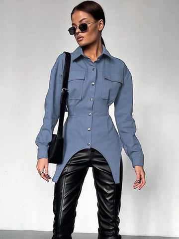 Sonicelife Aynaray 2024 Autumn Winter Women Fashion Solid Blue Shirt Long Sleeve Slim Bodycon Blouse For Women