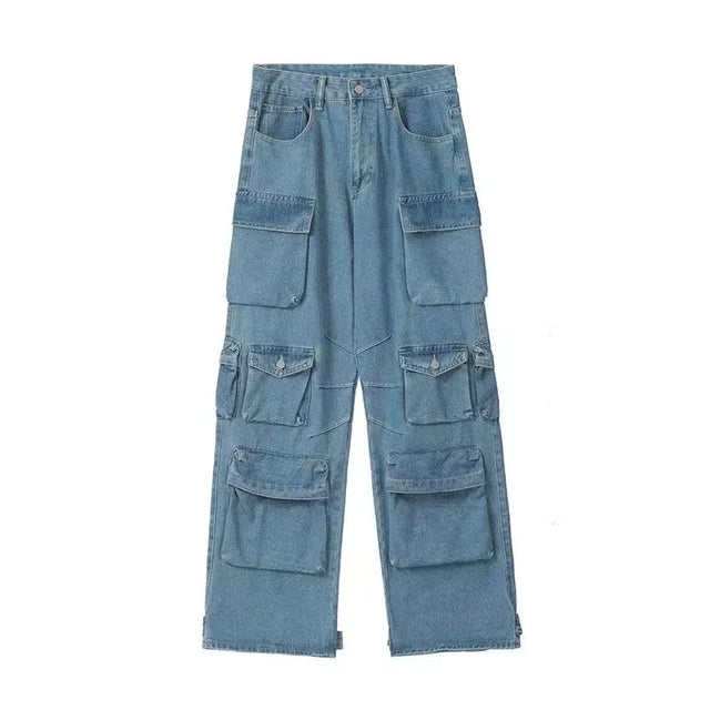 Sonicelife American Street Workwear Multi-Pocket Heavy Lndustry Design Jeans Female Y2K Gothic Fashion Punk Style Loose Floor Wide-leg Pant