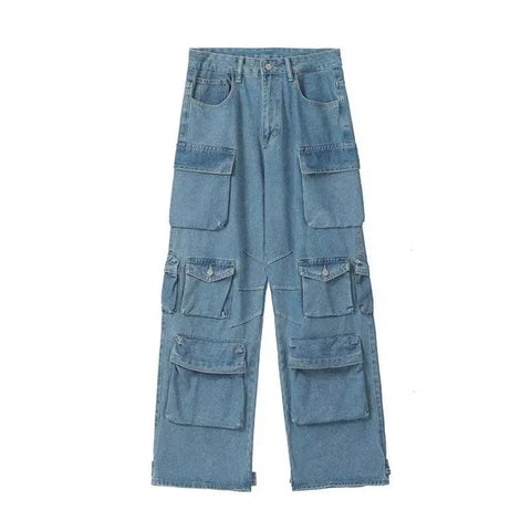 Sonicelife American Street Workwear Multi-Pocket Heavy Lndustry Design Jeans Female Y2K Gothic Fashion Punk Style Loose Floor Wide-leg Pant