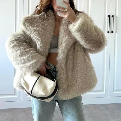 Sonicelife Warm Winter Long Sleeve Lapel Collar Coat Outwear Women Faux Fur Coat Elegant Lady Fashion Jacket 90s Vintage Y2K Streetwear