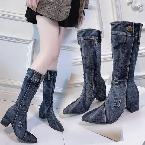 Sonicelife Sexy Jean Boots Women's Mid Calf Boot Zipper High Heel Woman Stylish Jeans Boots Ladies Denim Boot Female Shoes Cowboy 2024