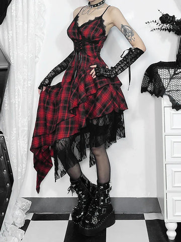 Sonicelife Women's Gothic Design Dress 2024 Sweetheart Corset Spice Halter Dark Irregular Patchwork Hem Plaid Long Dress