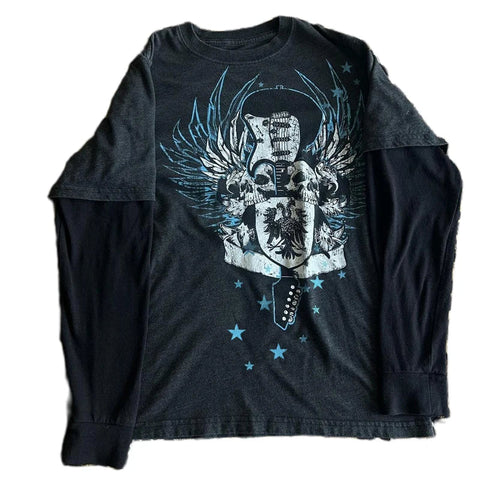 Sonicelife Cyber Grunge Vintage Y2K Crop Tops Autumn Patchwork Long Sleeve T-shirt Vintage Graphic Tees E-girl Gothic Retro Women Clothes