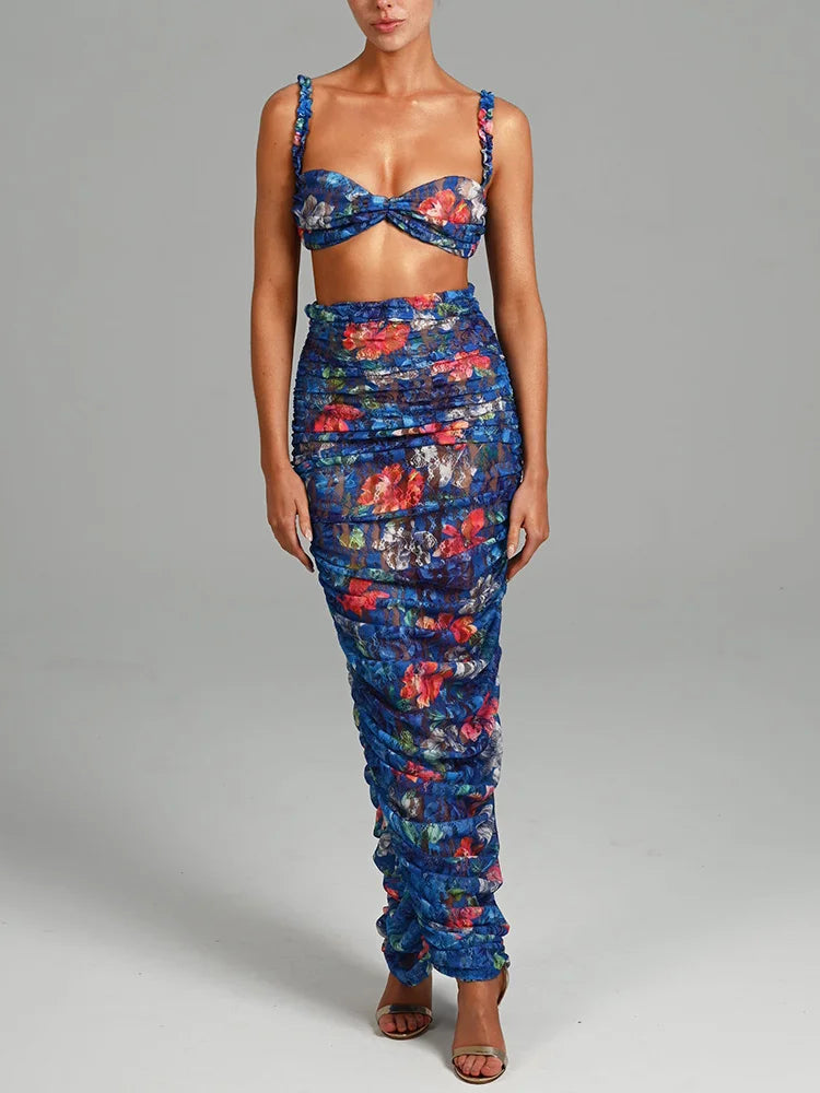 Sonicelife Floral Spaghetti Straps Bra Top and Skirt Set