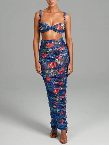 Sonicelife Floral Spaghetti Straps Bra Top and Skirt Set