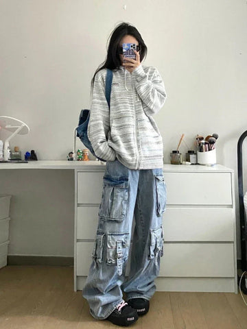 Sonicelife American Street Workwear Multi-Pocket Heavy Lndustry Design Jeans Female Y2K Gothic Fashion Punk Style Loose Floor Wide-leg Pant