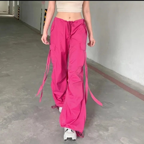 Sonicelife Y2k Pink Cargo Pants Women Streetwear Baggy Lace Up Sweatpants Low Rise Hip Hop Trousers Korean Style Pantalones Summer