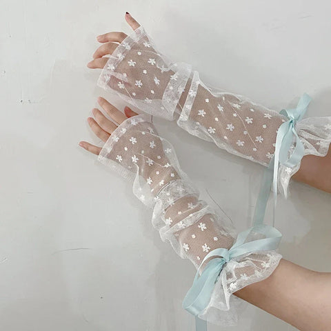 Sonicelife Lolita Cute Bow Y2K Floral Hollow Out Long Sunscreen Gloves Japanese Style Kawaii Lace Sheer Gloves UV Protection Arm Sleeves