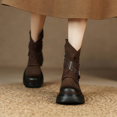 Sonicelife NEW Autumn Boots Women Genuine Leather Round Toe Platform Boots Belt Buckle Casual Boots Solid Thick Heel Short Boots for Women