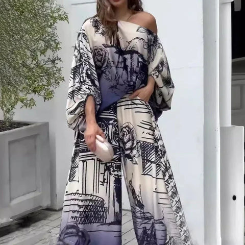 Sonicelife Pant Sets Women Two Piece Set Print Long Bat Sleeve Loose Casual Elegant Splice Oblique Shoulder Tops Wide Leg Long Pants