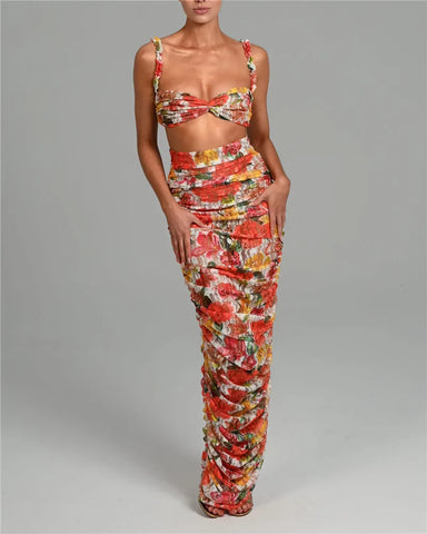 Sonicelife Floral Spaghetti Straps Bra Top and Skirt Set