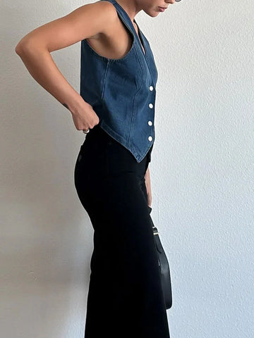 Sonicelife- Women Y2K Vintage Denim Vest Corset Sleeveless Waistcoat V-Neck Tank Tops Button Down Irregular Hem Jean Slim Jackets