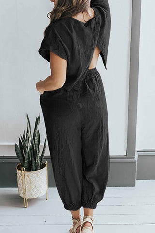 Sonicelife-Short Sleeve Back Slit Two-piece Pants Set