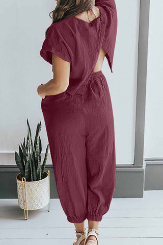 Sonicelife-Short Sleeve Back Slit Two-piece Pants Set