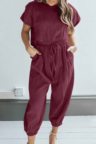 Sonicelife-Short Sleeve Back Slit Two-piece Pants Set