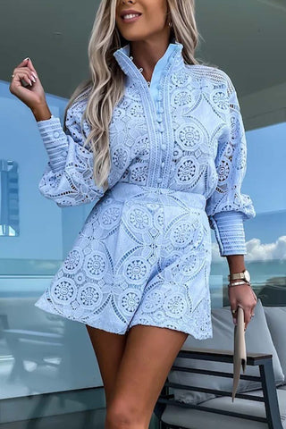 Sonicelife-Single-breasted Stand Collar Lace Shorts Long Sleeve Suit