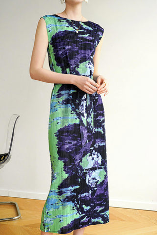 Sonicelife Sleeveless Side Slit Full Pleated Print Dress