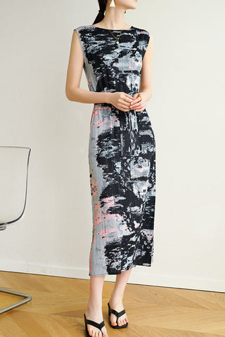 Sonicelife Sleeveless Side Slit Full Pleated Print Dress