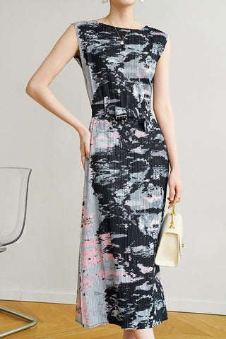 Sonicelife Sleeveless Side Slit Full Pleated Print Dress