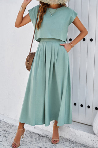 Sonicelife Slit Crop Top Ruched Midi Skirt Suits