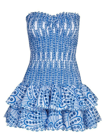 Sonicelife Smocked Eyelet Strapless Tiered Mini Dress