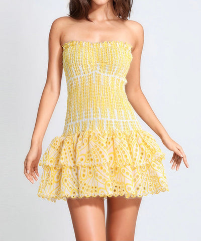 Sonicelife Smocked Eyelet Strapless Tiered Mini Dress