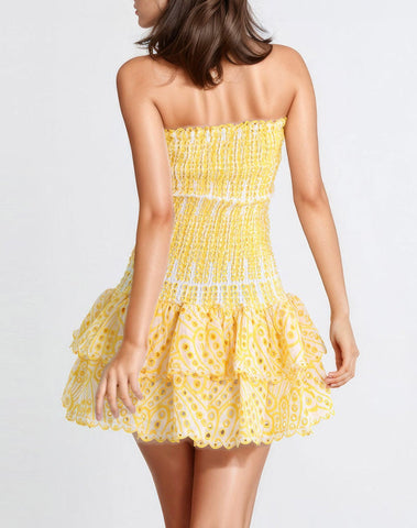 Sonicelife Smocked Eyelet Strapless Tiered Mini Dress