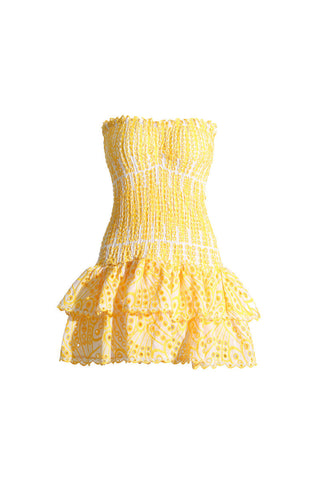 Sonicelife Smocked Eyelet Strapless Tiered Mini Dress