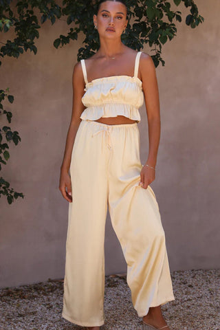 Sonicelife-Smocked Ruffle Cami Crop Top Wide Leg Long Pants Set