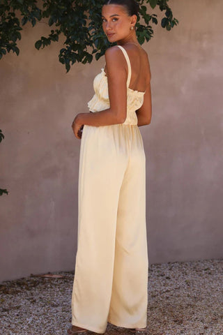 Sonicelife-Smocked Ruffle Cami Crop Top Wide Leg Long Pants Set