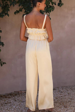 Sonicelife-Smocked Ruffle Cami Crop Top Wide Leg Long Pants Set