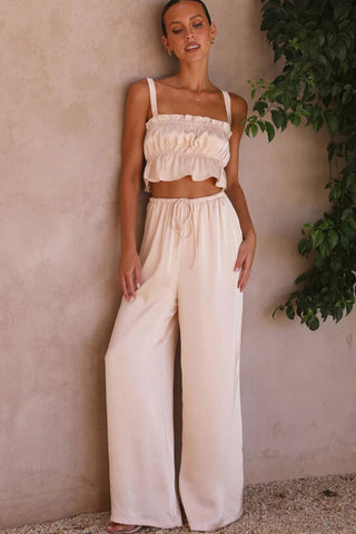 Sonicelife-Smocked Ruffle Cami Crop Top Wide Leg Long Pants Set