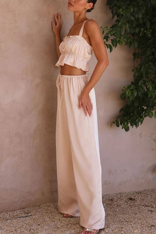 Sonicelife-Smocked Ruffle Cami Crop Top Wide Leg Long Pants Set