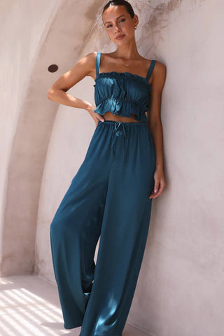 Sonicelife-Smocked Ruffle Cami Crop Top Wide Leg Long Pants Set