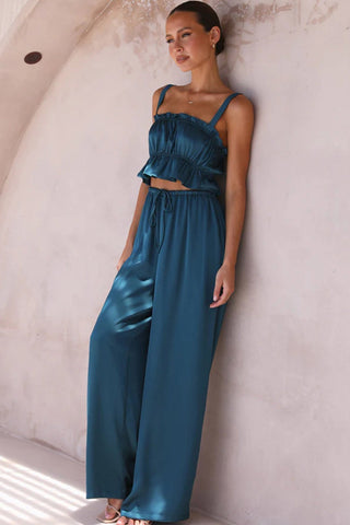 Sonicelife-Smocked Ruffle Cami Crop Top Wide Leg Long Pants Set