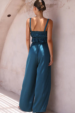 Sonicelife-Smocked Ruffle Cami Crop Top Wide Leg Long Pants Set