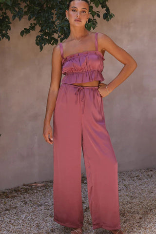 Sonicelife-Smocked Ruffle Cami Crop Top Wide Leg Long Pants Set