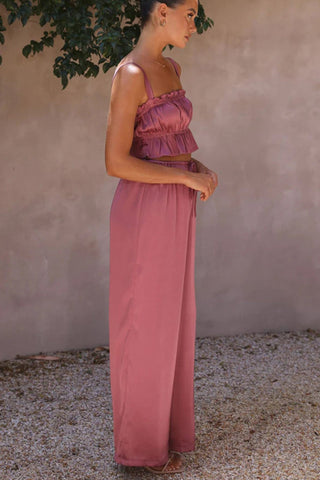 Sonicelife-Smocked Ruffle Cami Crop Top Wide Leg Long Pants Set