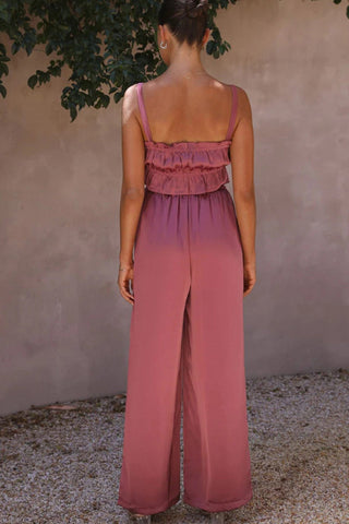 Sonicelife-Smocked Ruffle Cami Crop Top Wide Leg Long Pants Set