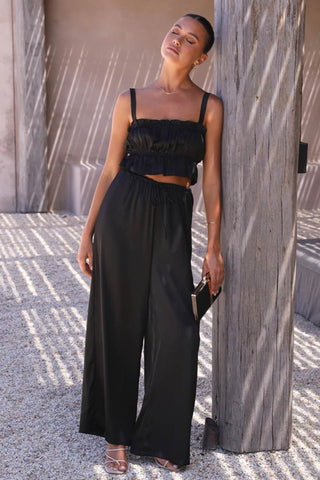Sonicelife-Smocked Ruffle Cami Crop Top Wide Leg Long Pants Set