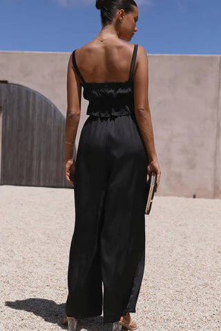 Sonicelife-Smocked Ruffle Cami Crop Top Wide Leg Long Pants Set