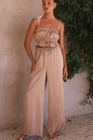 Sonicelife-Smocked Ruffle Cami Crop Top Wide Leg Long Pants Set