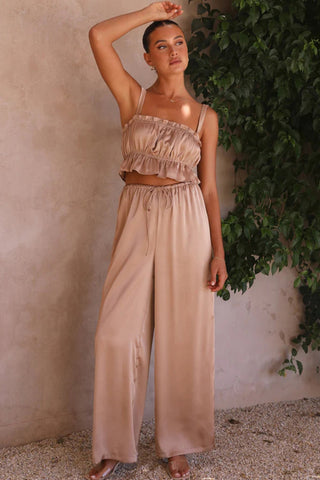 Sonicelife-Smocked Ruffle Cami Crop Top Wide Leg Long Pants Set