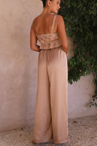 Sonicelife-Smocked Ruffle Cami Crop Top Wide Leg Long Pants Set