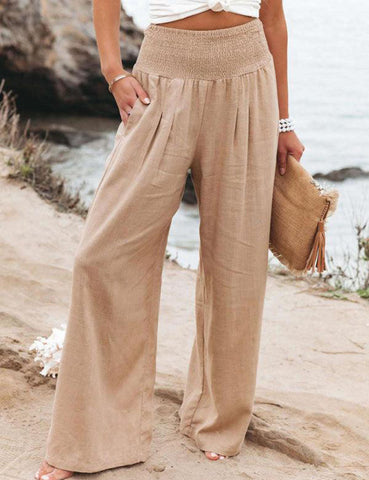 Sonicelife-Smocked Waist Side-seam Wide Leg Linen Pants