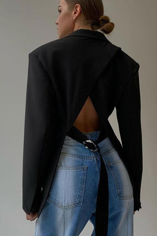 Sonicelife-Solid Color Backless Slit Blazer