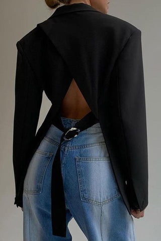 Sonicelife-Solid Color Backless Slit Blazer