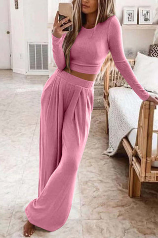 Sonicelife-Solid Color Ribbed Crop Top Long Pants Set