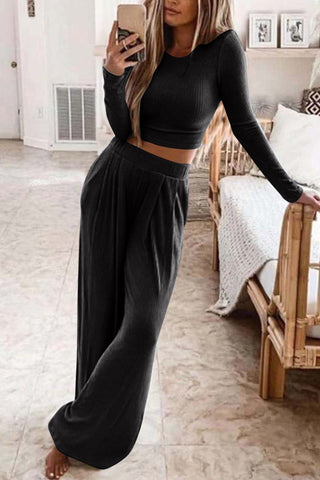 Sonicelife-Solid Color Ribbed Crop Top Long Pants Set